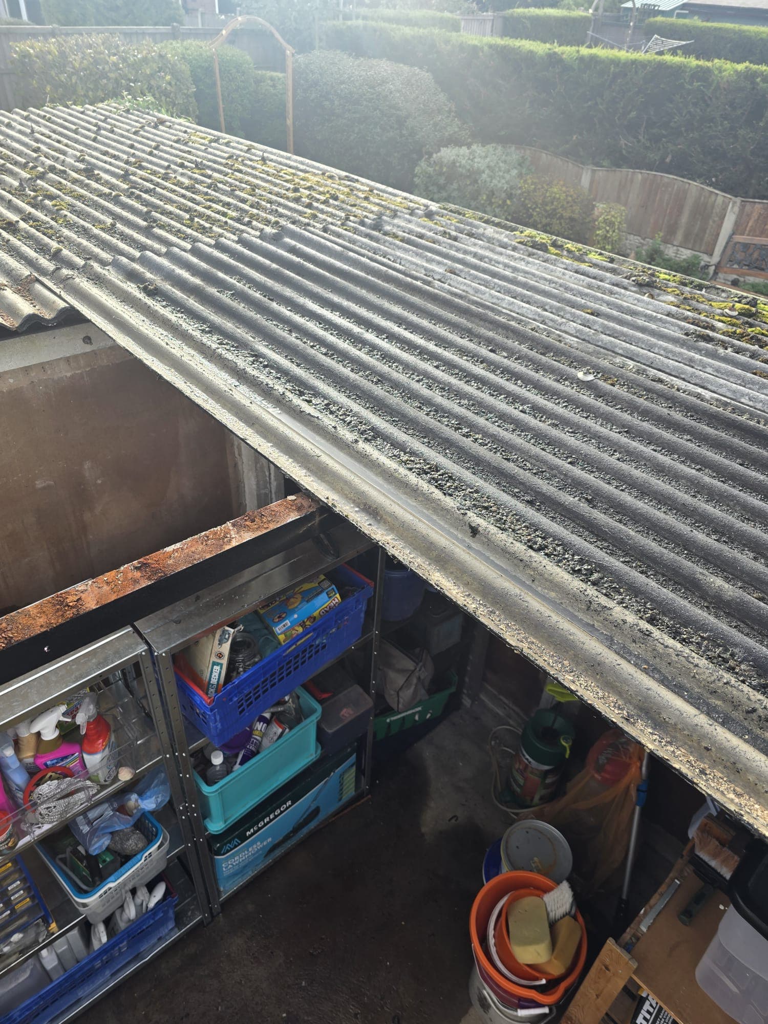 Asbestos-cement garage roof prior to replacement